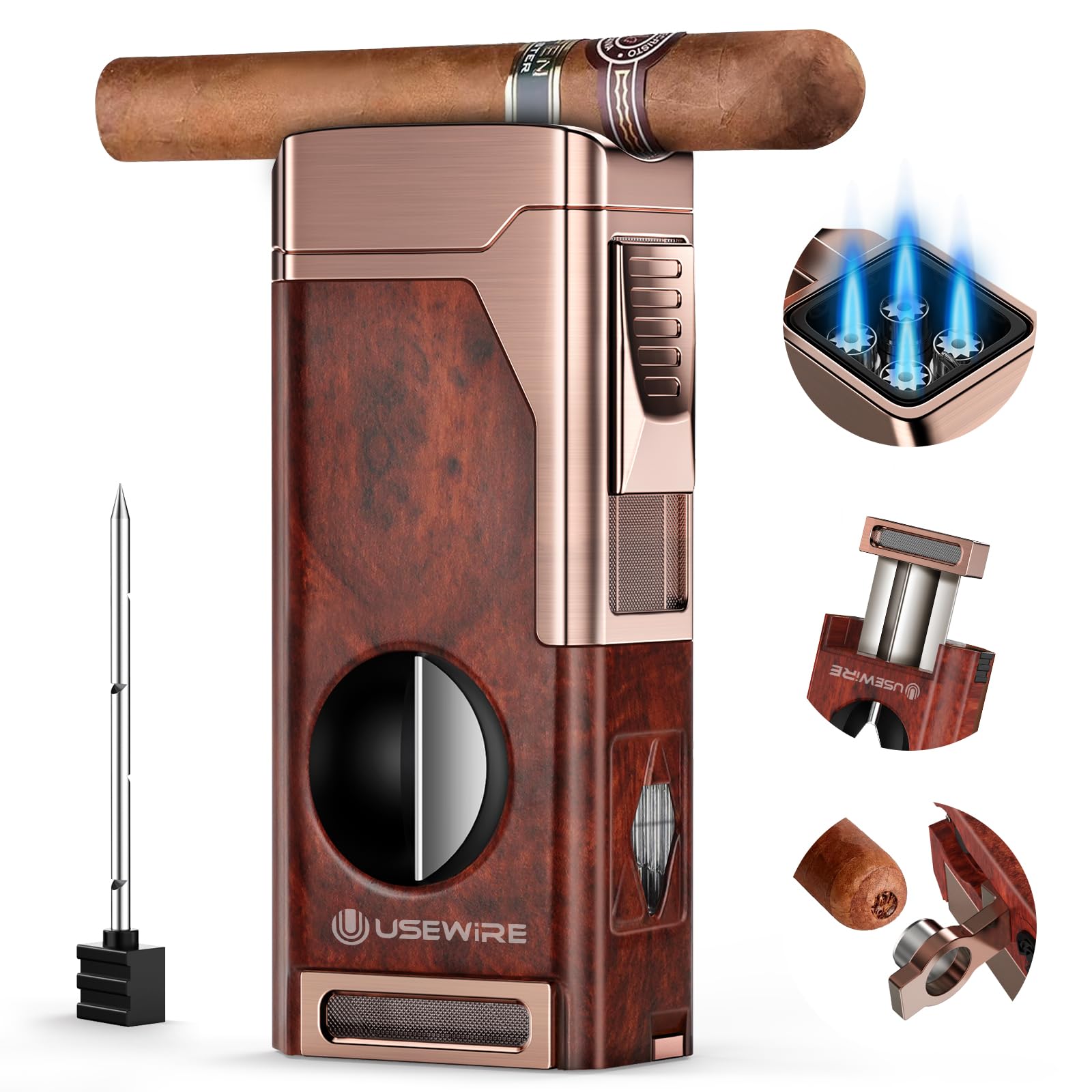 Photo 1 of USEWIRE Cigar Lighter, Multifunctional Lighter with V-Cigar Cutter, Cigar Holder, Cigar Punch and Cigar Draw Enhancer, Fillable Butane Torch Lighter, Multi-Purpose Cigar Accessory, Cigar Gifts