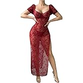 SHENHE Women's Lace Babydoll Lingerie Dress Underwire High Slit Sheer Long Nightgown Nightdress