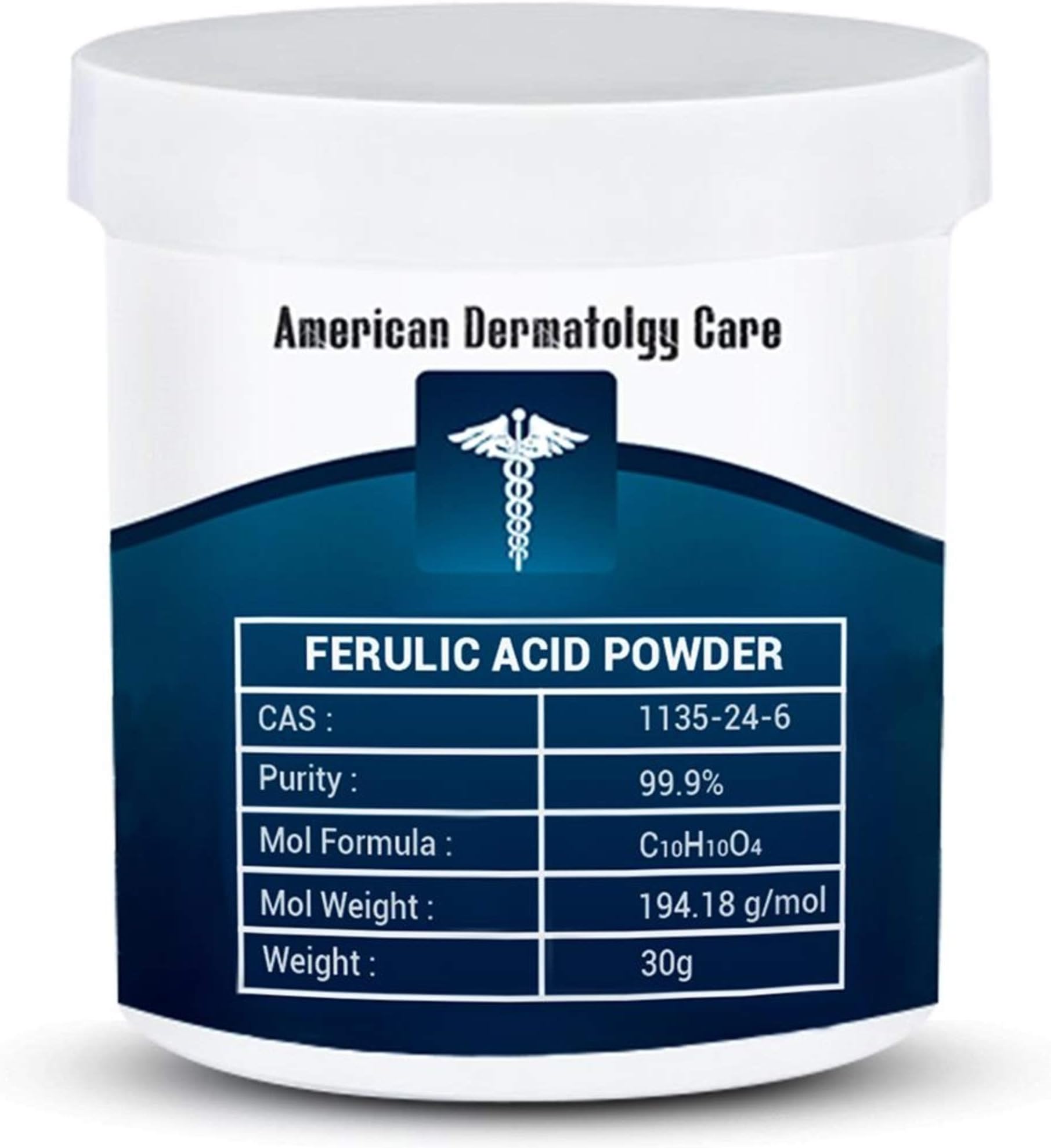 99+% Pure Ferulic Acid Powder Cosmetic Synthetic Extract CAS 1135-24-6 GMO Free - Additive for Lotions, Creams, Serums (30 Grams)