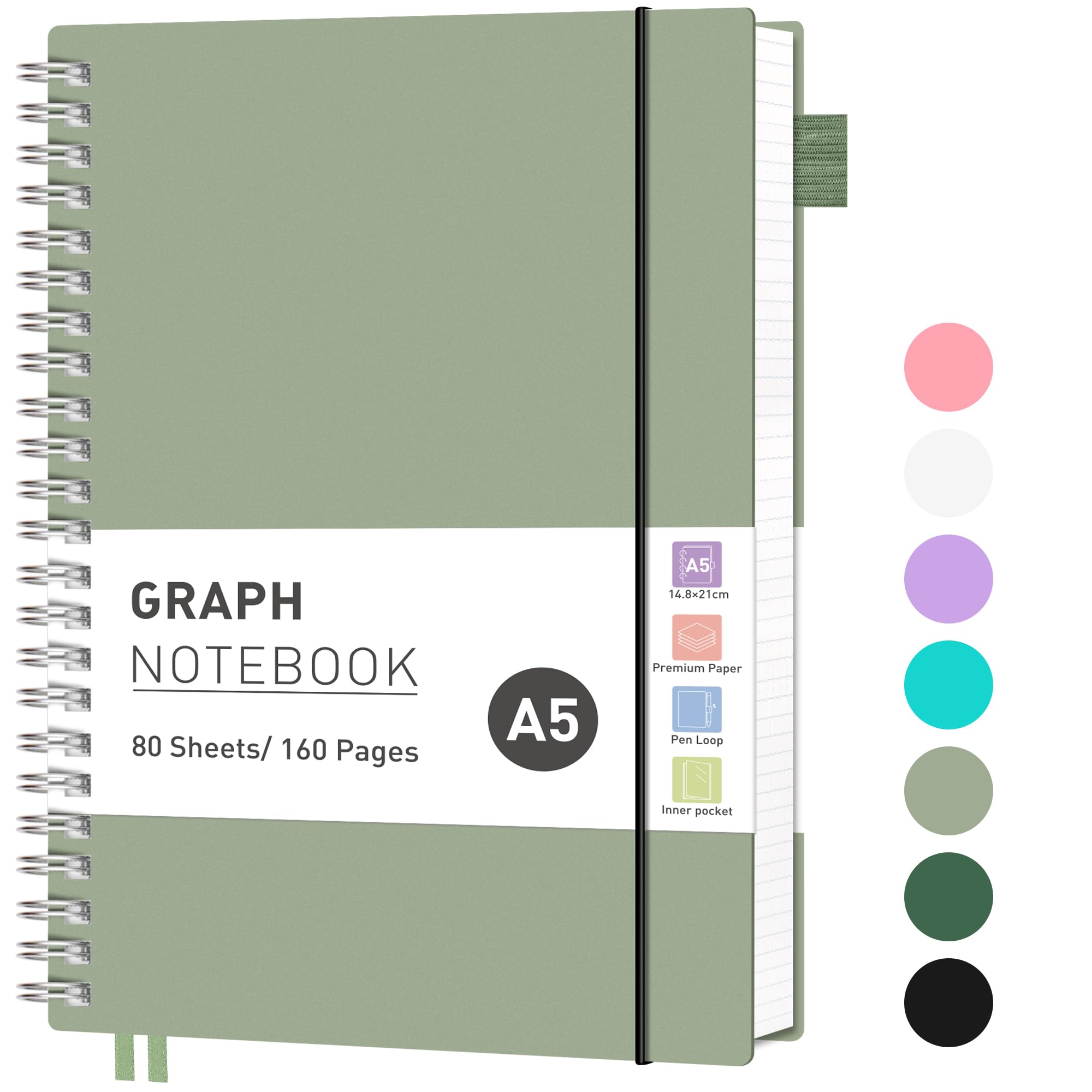 RETTACY Graph Grid Paper Notebook, 160 Pages, A5 Size (14.5 x 21 cm), 5mm per Square, 100 GSM Thick Paper, Flexible Plastic Cover, Spiral-bound, for School, Students, Math, Engineering (Light Green)