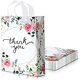 Frienda 50 Pieces Bulk Floral Thank You Bags 11.8 x 15 Inch Merchandise Retail Plastic Shopping Bags with Handle for Shopping Present Wrapping, 2.76 Mil Thick