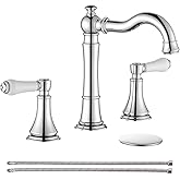 Roffenny Porcelain 2-Handle Chrome Bathroom Faucets 8 inch Widespread for 3 Holes with Plastic Pop-Up Drain & 2Pcs Water Supply Lines, Classic Chrome Bathroom Vanity Sink Faucet, Brass Swivel Spout