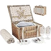Willow Picnic Basket Set for 2 Persons with Large Insulated Cooler Bag and Waterproof Picnic Blanket, Wicker Picnic Hamper for Camping,Outdoor,Birthday