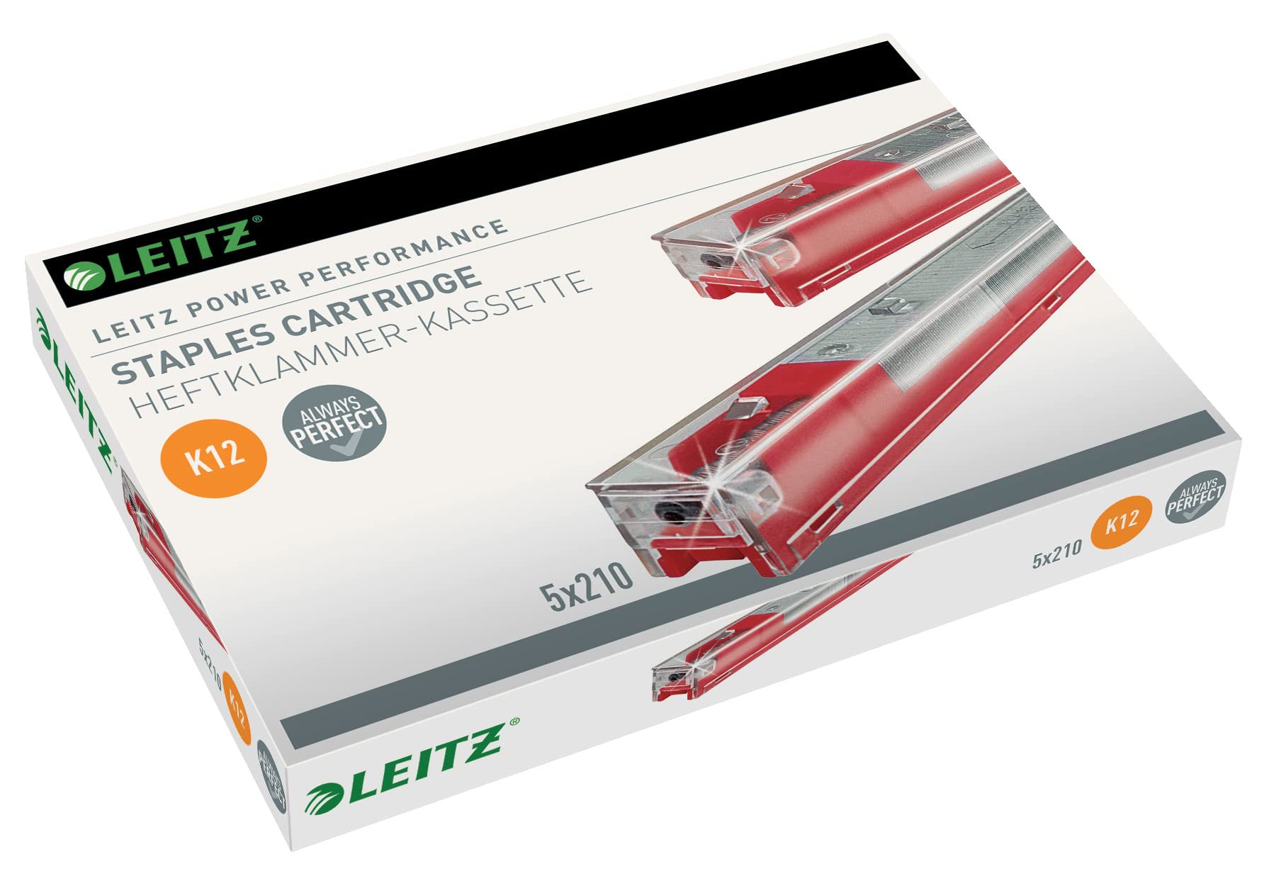 Leitz 55940000 K12 Stapler Cartridge, Strong Steel, Length 12 mm, 1050 Staples, 80 Sheet Capacity - Red