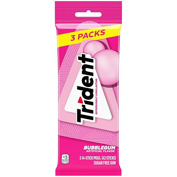 TRIDENT BUBBLEGUM SUGAR-FREE CHEWING GUM, 3 PACKS OF 14 PIECES (42 TOTAL PIECES)