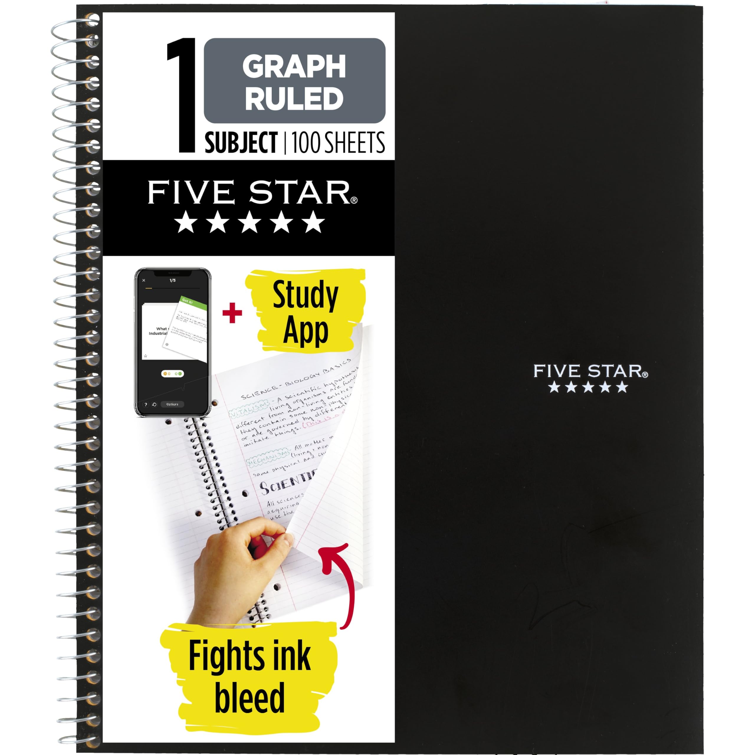 Photo 1 of Five Star Spiral Notebook + Study App, 1 Subject, Graph Ruled Paper, 8-1/2" x 11", 100 Sheets, Fights Ink Bleed, Water Resistant Cover, Black (73679)