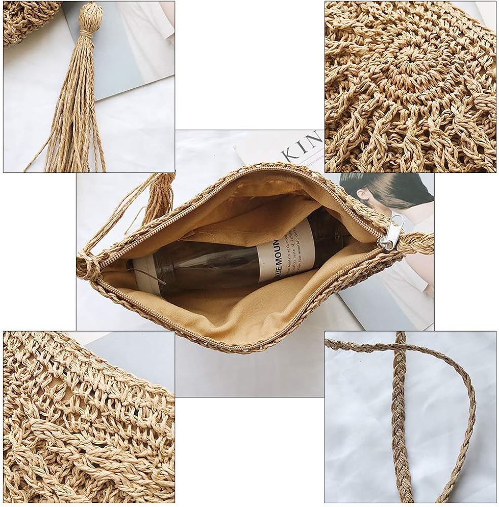 Integrity.1 Women Weave Shoulder Bag,Summer Straw Beach Bag Cross Body Bag for Women/Girl,Rattan Bag Beach Purse,Semicircle Summer Holiday Travel Tote Bags(Khaki) - Image 5