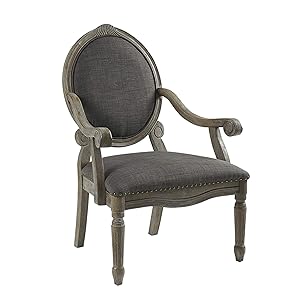 Madison Park FPF18-0107 Brentwood Accent Chairs-Birch Hardwood, Hand Carved Scroll Design Living Armchair Modern Classic Style Family Room Sofa Furniture Bedroom Lounge, Medium, Grey