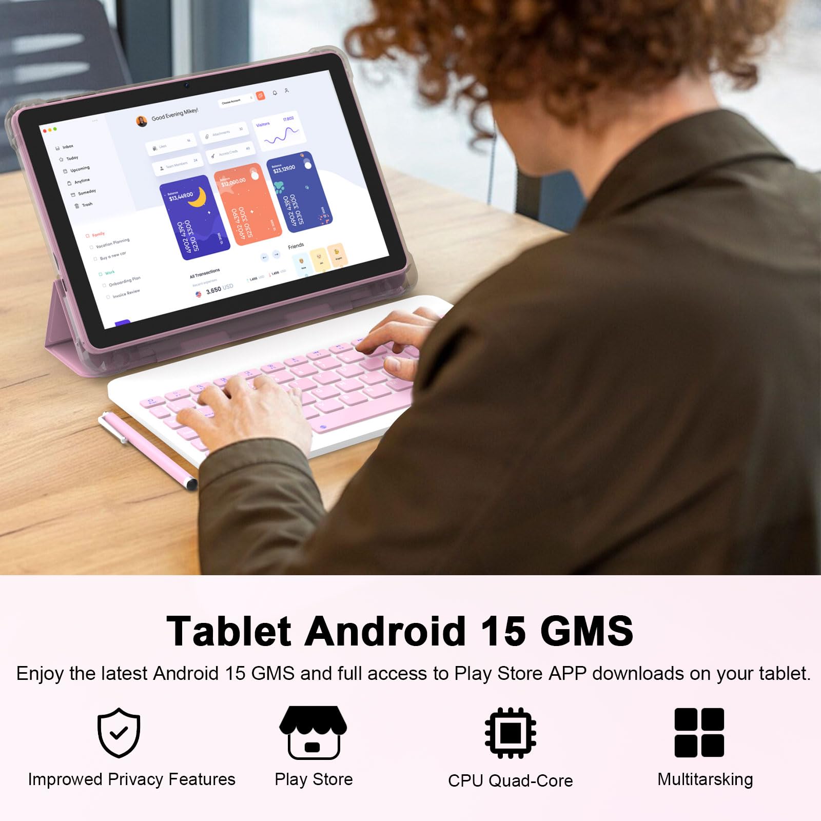 Android 15 Tablet 10 Inch, 20GB RAM+128GB ROM/ 2TB Expandable, 2.0GHz Quad-core Processor, 1280*800 HD Screen, 5G WiFi6 BT 5.0, 2 in 1 Tablets with Keyboard Case Mouse Stylus, Widevine L1 Pink
