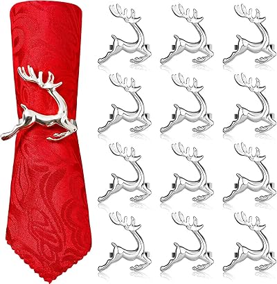 LATERN 12Pcs Silver Reindeer Napkin Rings 6cm Christmas Table Decor