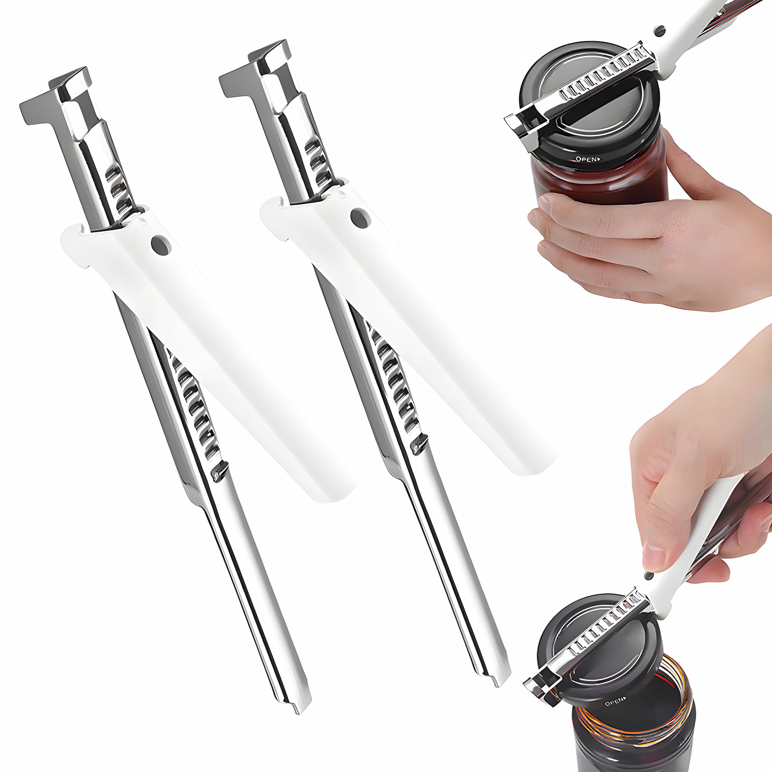 Effortless Arthritis Jar Opener for Seniors, Multi-Function Tin and Can Opener, Easy Grip for Weak Hands, Non-Slip, Stainless Steel, Opens Jars, Bottles, and Cans Effortlessly (2, White)