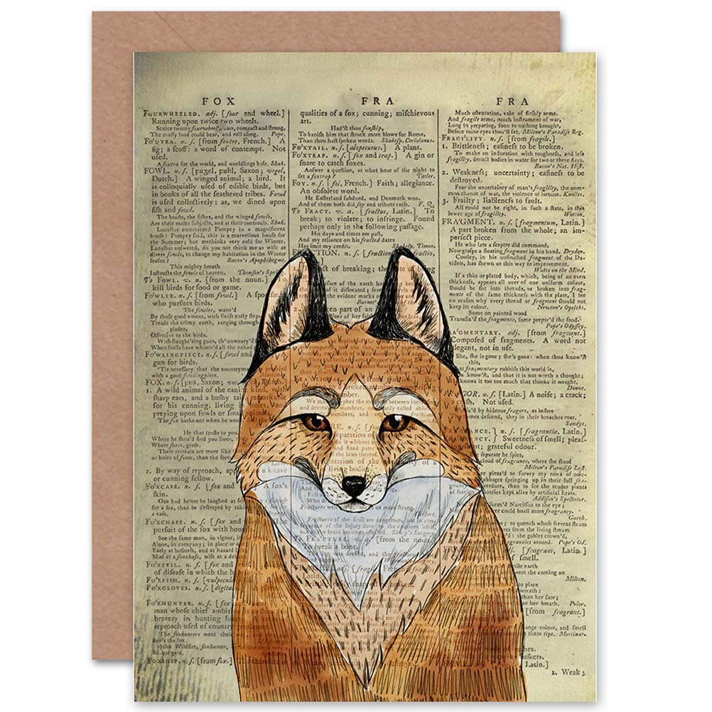 Wee Blue Coo GREETINGS CARD BIRTHDAY GIFT UPCYCLE DICTIONARY FOX DRAWING