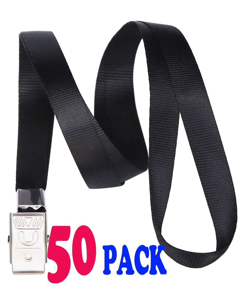 Black Lanyards, Bulk Lanyards for ID Badges Key Chain, Safety Flat Lanyard with Badge Clip by ACCBTECH - 50 Pack 33-inch
