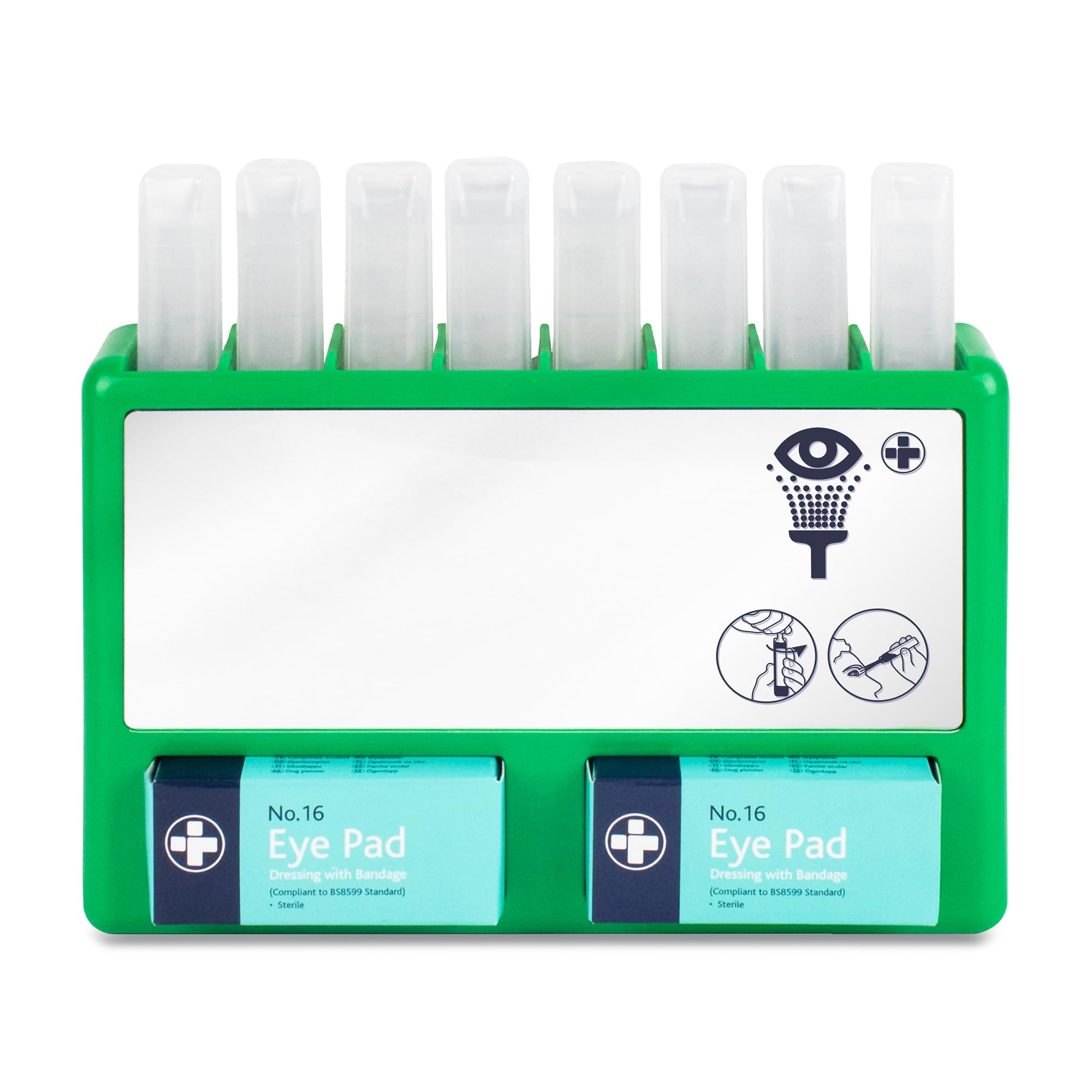 Reliance Medical REL908 Complete Eyecare Pod Station, Ideal for Minor Irritation, Sterile Saline Eye Wash Solution Kit | 20ml Pods. 24.5 cm H x 33 cm W x 2.5 cm D (Green)