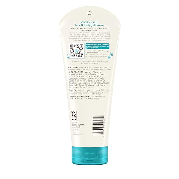 AVEENO SENSITIVE SKIN FACE & BODY GEL CREAM FOR KIDS WITH PREBIOTIC OAT, CLINICALLY PROVEN 24 HOUR HYDRATION FOR SOFT SKIN, QUICK DRYING AND LIGHTWEIGHT, HYPOALLERGENIC, 8 OZ