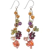 NOVICA Artisan Handmade Pearl Amethyst Drop Earrings Multigem Dangle Sterling Silver Carnelian Garnet Multicolor Beaded Cluster Thailand Birthstone [2.6 in L x 0.6 in W] ' Tropical Symphony'