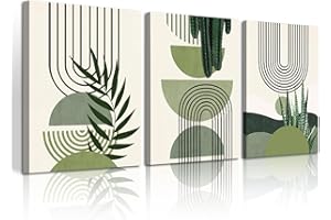 WENGTIAO Boho Sage Green Canvas Wall Art Set of 3, Framed Minimalist Aesthetic Botanical Wall Pictures Geometric Line Plants Leaf Artwork Paintings Room Decor for Bedroom Living Room Office 12"x16"x3