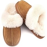 Parfeying Women's Shearling Slippers Genuine Leather with Rubber Sole, Sheepskin Fuzzy Indoor Outdoor Shoes for Home