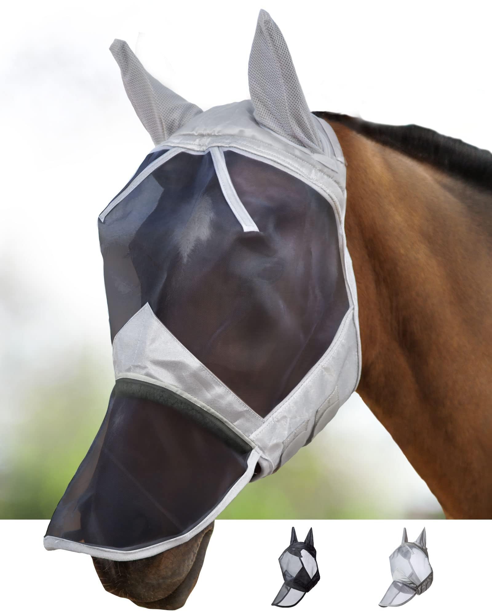 Harrison Howard CareMaster Horse Fly Mask Long Nose with Ears Full Face Silver/Black Retro XL Extra Full Size