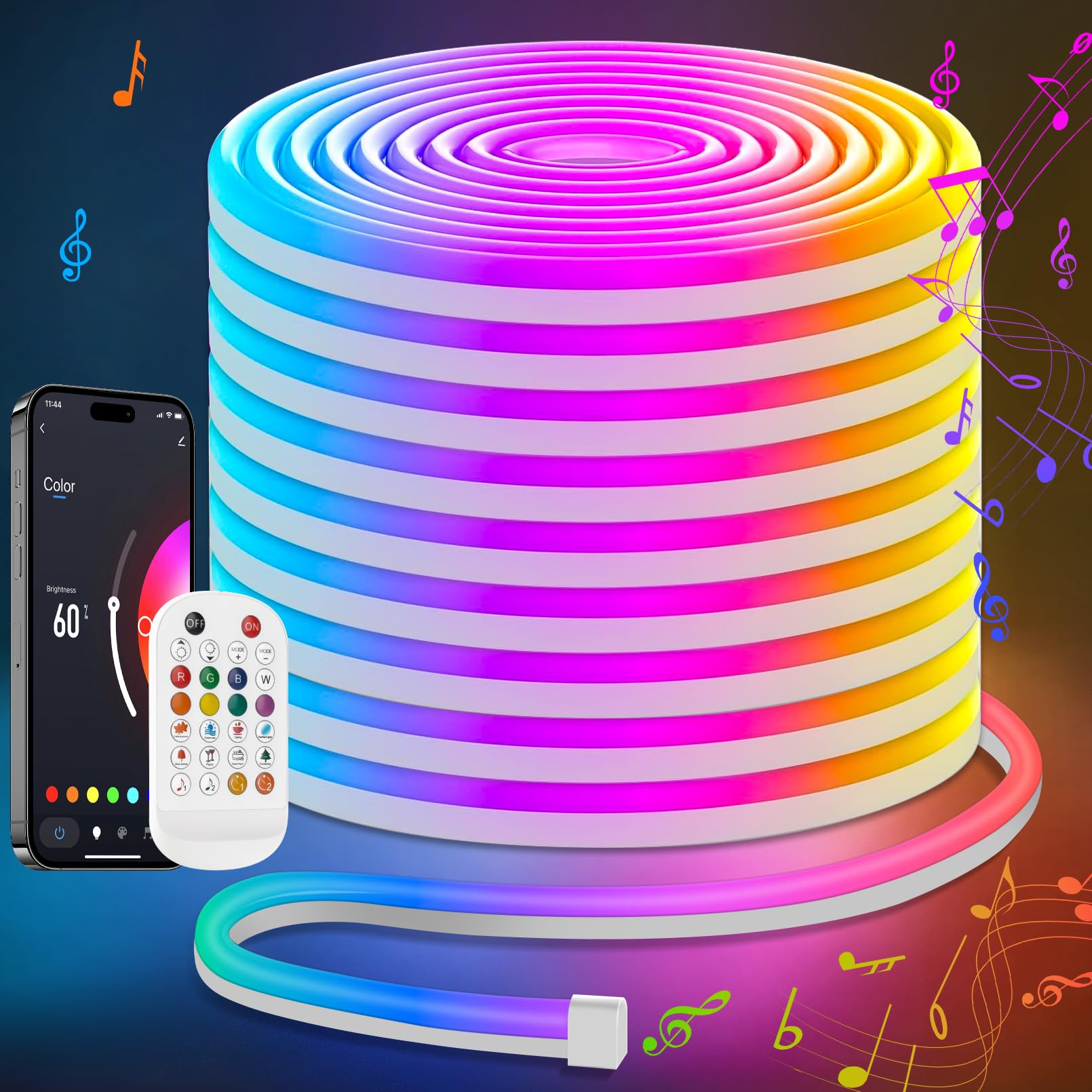 Photo 1 of Lamomo 65.6Ft LED Strip Lights, RGB Neon Rope Light with App Remote Control, Music Sync Color Changing Waterproof Flexible Led Light Strip, Cuttable Gaming 24V Neon Lights for Bedroom Indoor