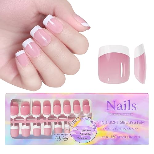 BeauFairy French Tip False Nails 150 PCS, 15 Sizes Press on Soft Gel Fake Nails, Full Cover French Ballerina Nail Tips Fake Nails, Fake Nail Tips Extension, 022