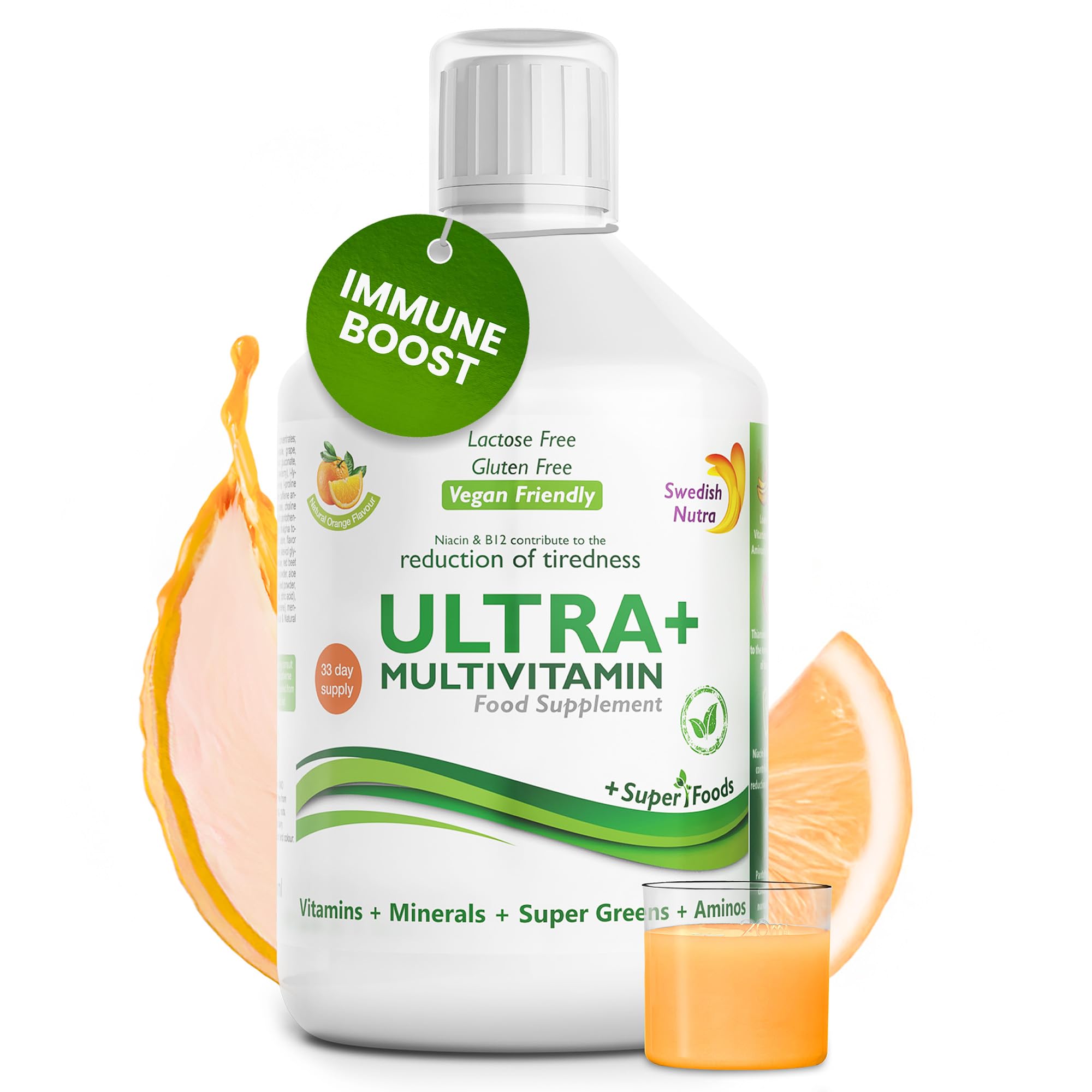 Swedish Nutra Ultra+ Multivitamin Liquid Food Supplement - 500 ml, 33 Day Supply | Vitamins, Minerals, Super Greens & Aminos | Boost Energy Wellbeing & Immune System I Orange Flavour | For Men & Women