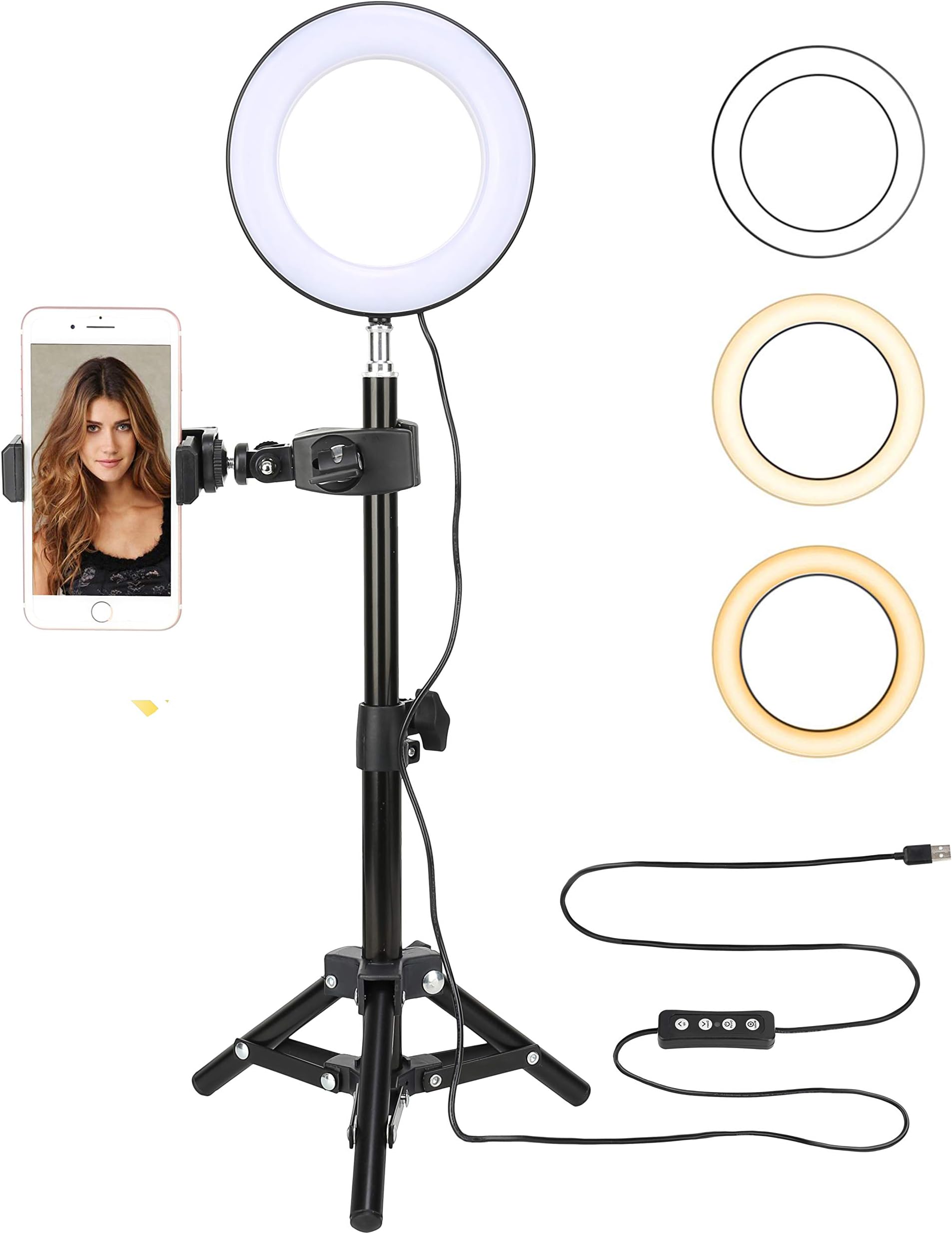 BONFOTO 6-Inch Desktop Dimmable Beauty LED Ring Light with USB Power Supply Port,Mirror,Ball Head and Cell Phone Holder for Makeup Portrait Photography YouTube Live Video Shooting