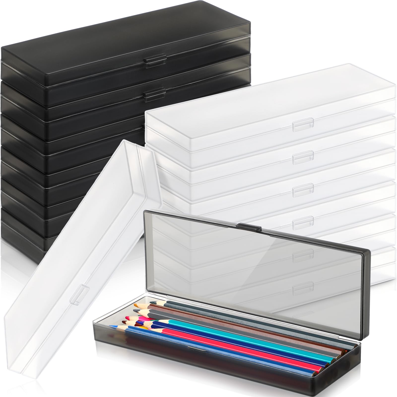 Photo 1 of Yexiya 30 Pack Plastic Pencil Box Pencil Case Bulk 7. 2 x 2. 4 x 0. 9 Inch Plastic Pen Storage with Hinged Lid for Pens Crayons Office Supplies Organization(Clear, Black)
