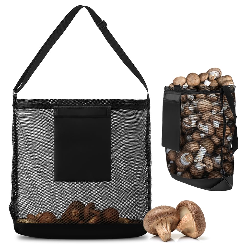 AMFUN Mushroom Hunting Bag, Fruit Picking Bag, Foraging Bag, Adjustable Shoulder Strap Mushroom Basket, Large Harvesting Bag, Bushcraft Bag for Hiking, Picking and Gardening Enthusiasts-Black