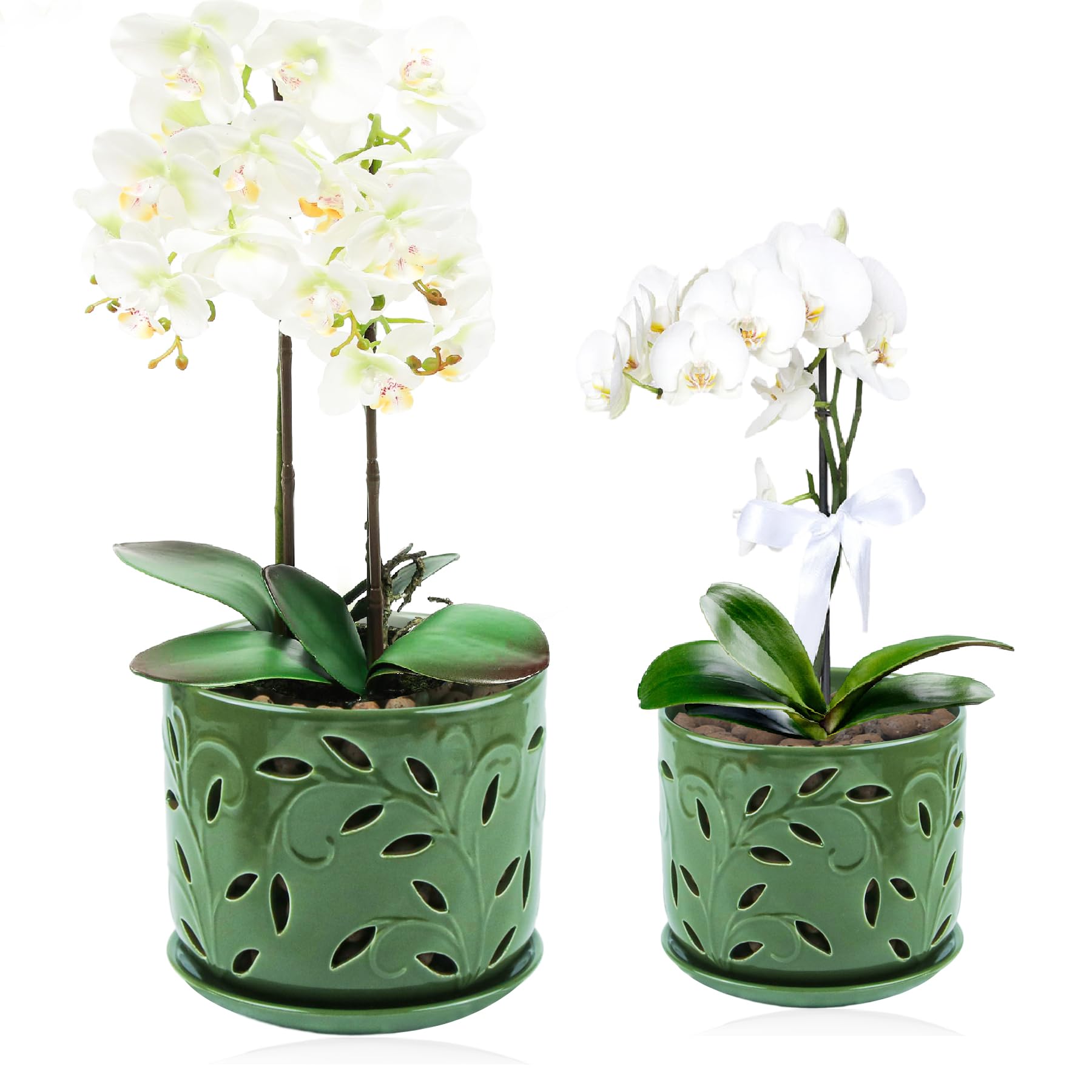 Photo 1 of BUYMAX Set of 2 Orchid Pots with Holes & Saucers for Orchid Root Health, 5 inch&6 inch Ceramic Pots for Plants (Patina)