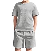 Haloumoning Boys 2 Piece Summer Outfits Short Sleeve Tshirts and Elastic Waist Shorts Casual Texture Sets