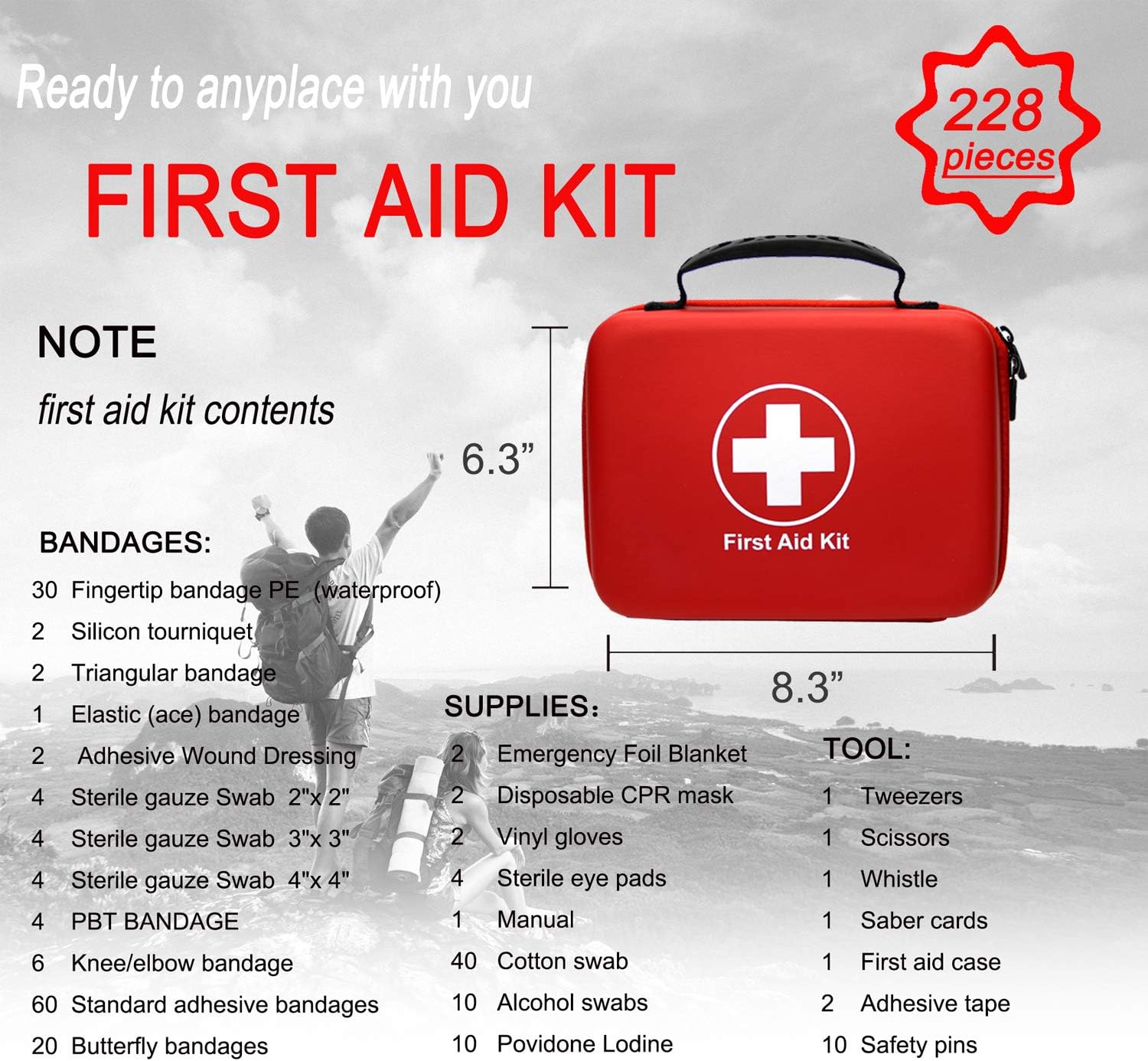 Compact First Aid Kit (228pcs) Designed for Family Emergency Care. Waterproof EVA Case and Bag is Ideal for The Car, Home, Boat, School, Camping, Hiking, Office, Sports. Protect Your Loved Ones. : Sports & Outdoors
