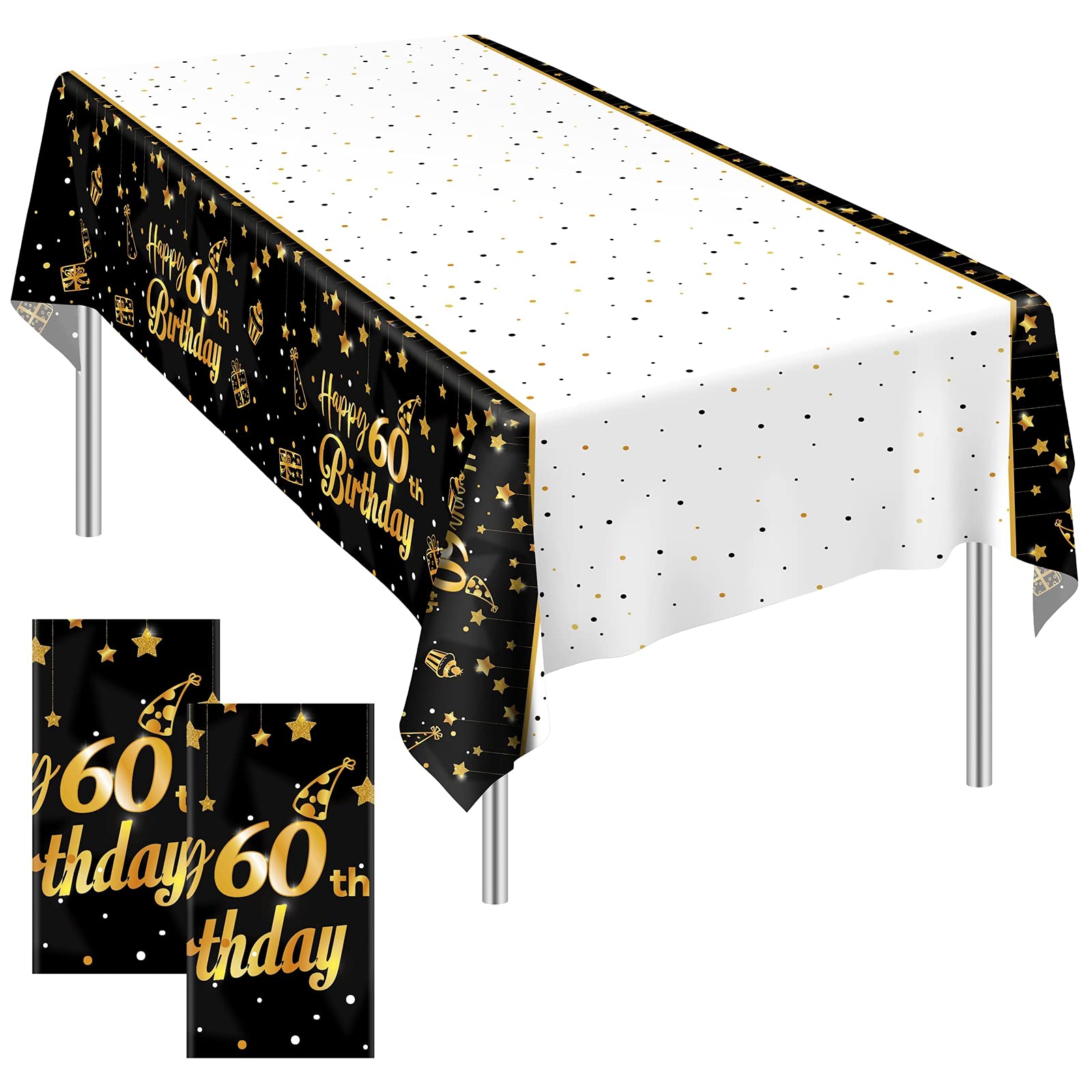 Photo 1 of Ruisita 2 Pack Black Gold Table Cloth Cover Happy 60th Birthday Tablecloth Party Tablecloths Rectangular Table Cloth Cover for Indoor or Outdoor Parties Birthdays