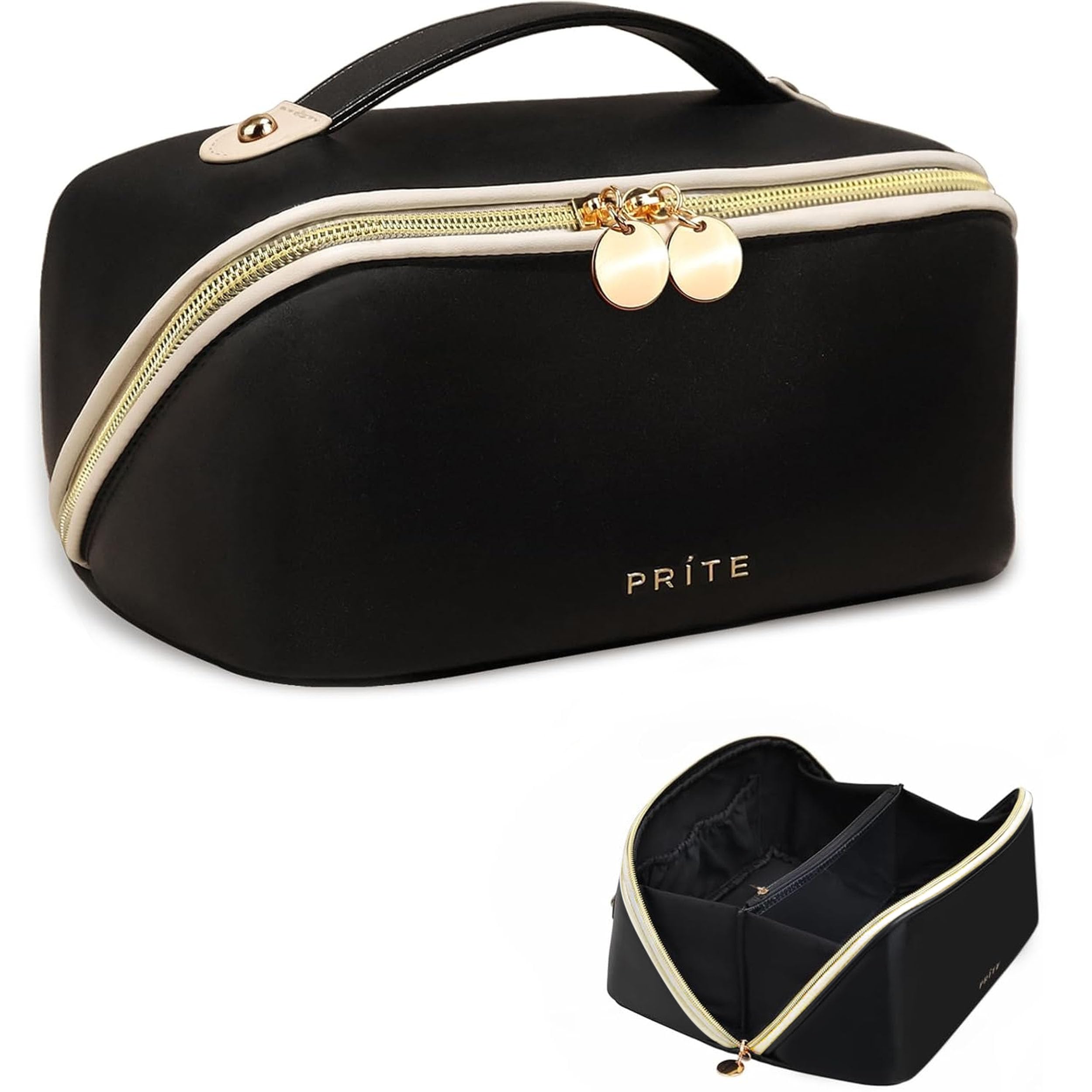 Photo 1 of Prite Makeup Bag for Women Travel Waterproof Vegan Leather Cosmetic Bag Open Flat Toiletry Bag With Clear Divider and Handle (Black)