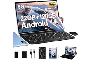 AOCWEI 2025 Android Tablet with Keyboard, 10 inch Octa-Core Tablets 22GB+128GB with Android 14 OS, 8000mAh, HD IPS Display, 5G WiFi, BT 5.0, GPS, Widevine L1, 1TB Expand, Split Screen, Metal Body -Blue