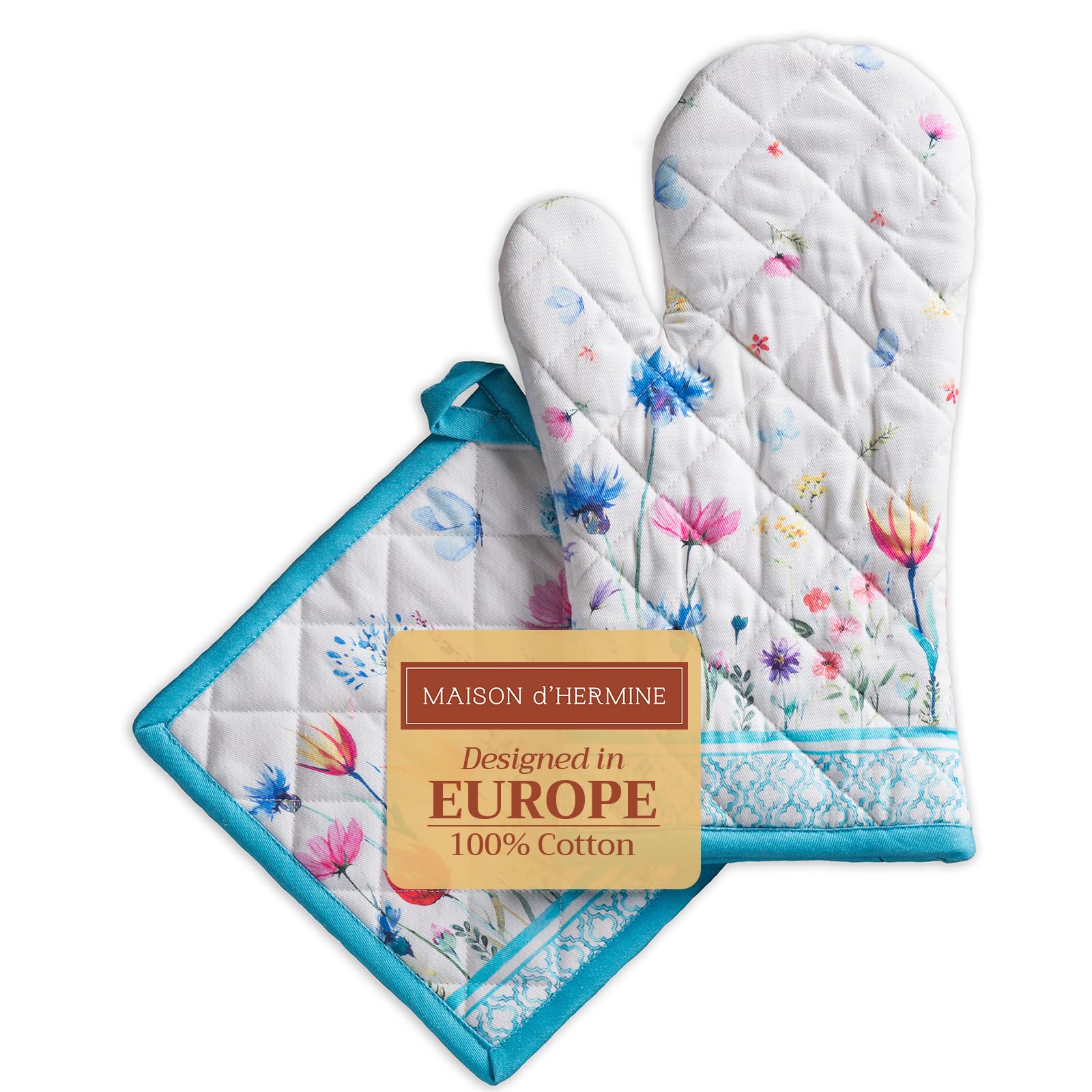Maison d' Hermine 100% Cotton Oven Mitt & Pot Holder Set (19 x 33 cm&20 x 20 cm) Heat Resistant BBQ Cooking Gloves with Loop for Baking Handling Hot Pans Gifts for Mothers Day (Flower In The Field)