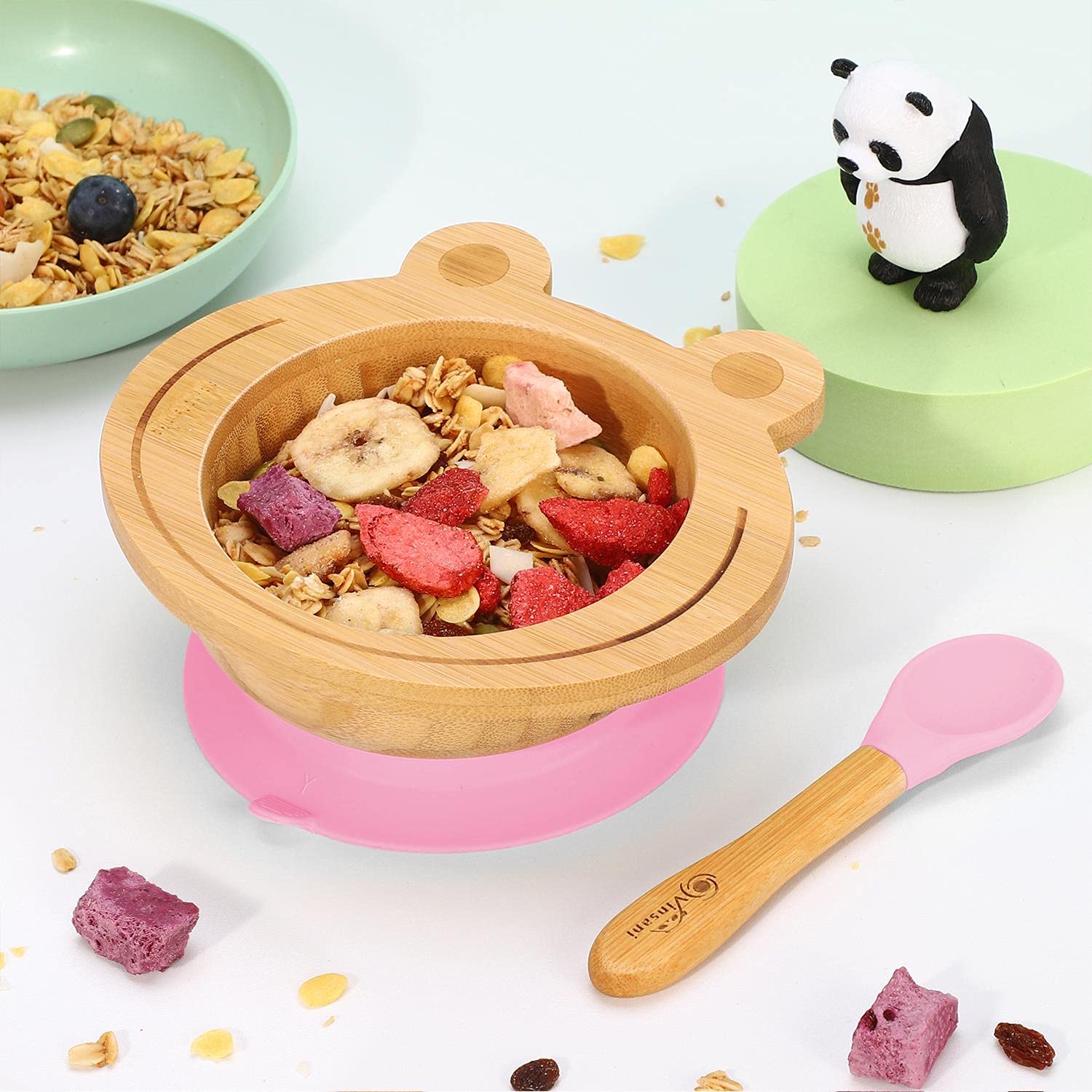 Vinsani Frog Bamboo Bowl and Spoon Set for Baby/Toddler, Frog Shaped Suction Bowl, Stay-Put Design, Hypoallergenic and BPA-Free (Pink)