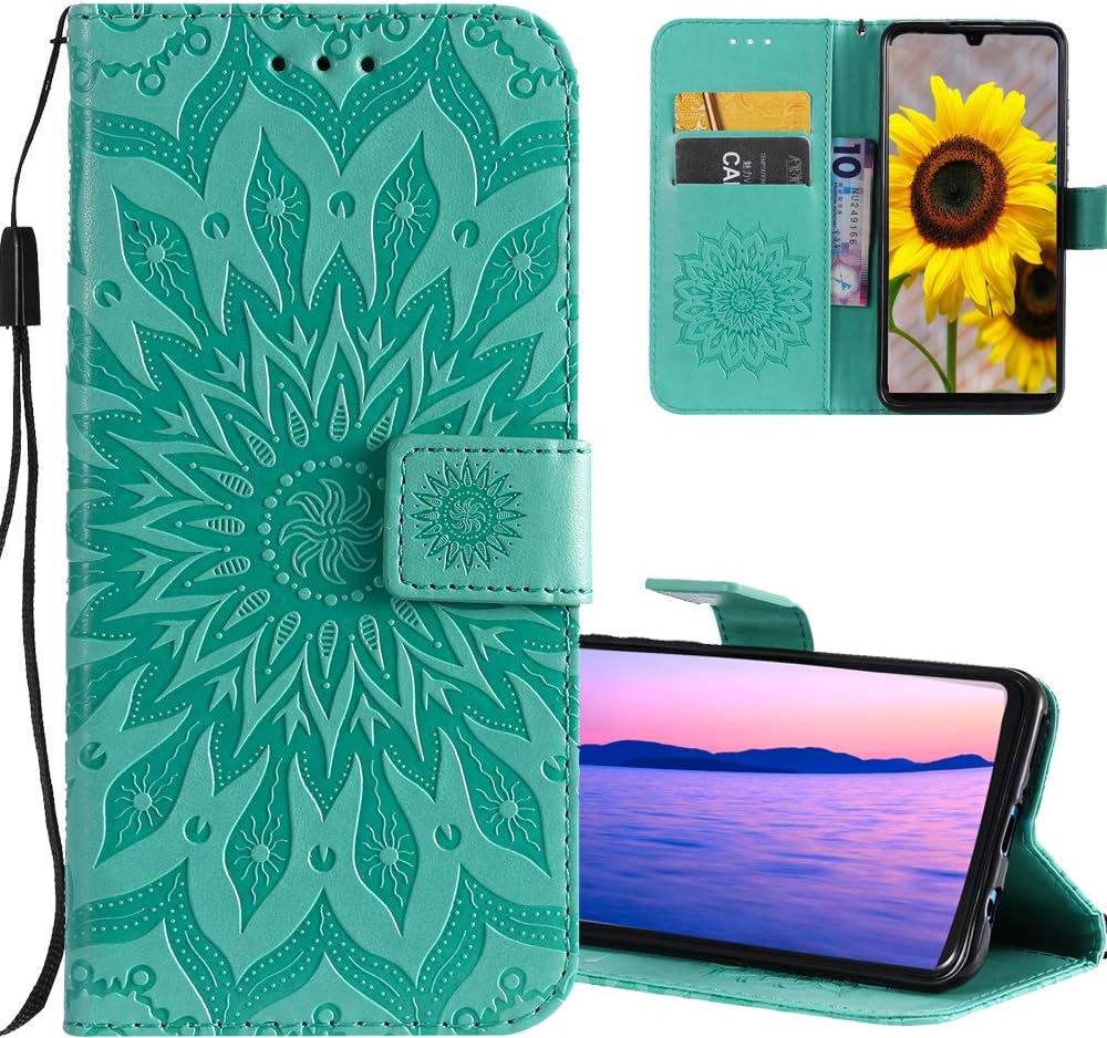COTDINFOR Samsung Galaxy Note 8 Protection Case For Girl Elegant Retro Flip Case Wallet PU Premium Leather Magnetic Slim Stand Covers Card Holder for Note 8 Green Sunflower KT.