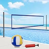 VEESEEHOME Pool Volleyball Net, 16&ndash;22FT Adjustable Swimming Pool Volleyball Net Set for Inground Pools with Water Volleyball and Sturdy Base, Pool Games for Adults and Family