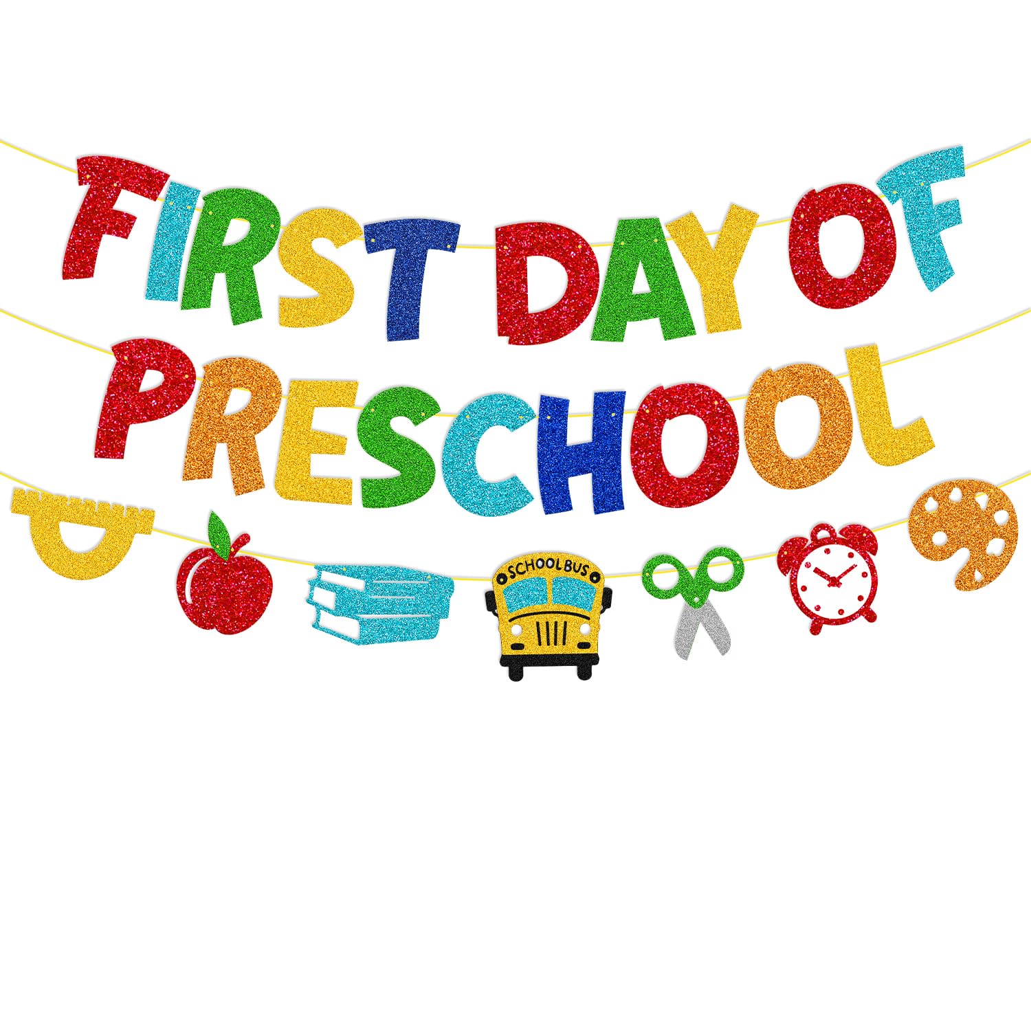 Photo 1 of First Day of Preschool Banner for 1st Day of Preschool Decorations Apple Ruler School Bus Scissors Alarm Clock Drawing Board Sign Classroom Party Supplies