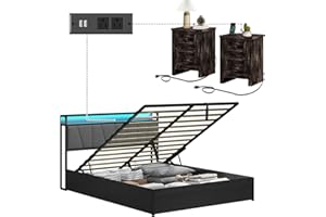 LUXOAK 3 Pieces Farmhouse Bedroom Set, Includes Full Size Lift Up Storage Bed Frame with LED Lights and Linen Upholstered Headboard, Nightstand Set of 2 with Charging Station, Dark Rustic Oak