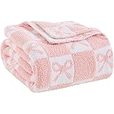 YIRUIO Pink Checkered Knit Throw Blanket with Bow Pattern for Women Daughter 50x60 Ultra Soft Microfiber Reversible,Fluffy Fuzzy Cozy Throw for Bed, Sofa & Couch Home Decor