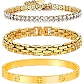 MVCOLEDY 18K Gold Plated Love Bangle Bracelet Set Cubic Zirconia Classic Stainless Steel Adjustable CZ Gold Tennis Love Bracelets Stack for women