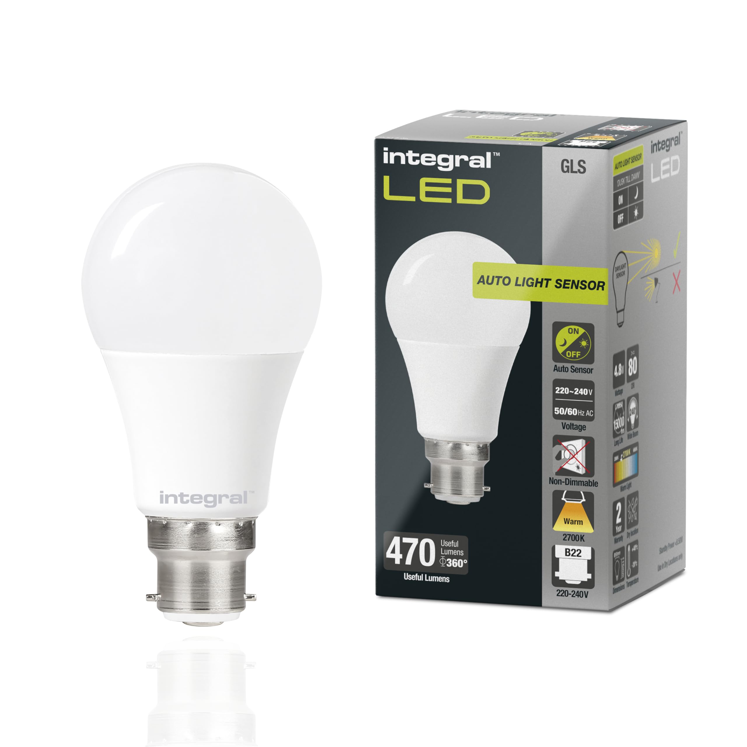 Integral LED B22 Non-Dimmable Dusk to Dawn Dual Sensor Frosted GLS Bulb – Warm White 2700K, 470lm, 4.8W (40W Equivalent) - Energy efficient & Ideal for Outdoor, Porch, Garage, Garden, Patio
