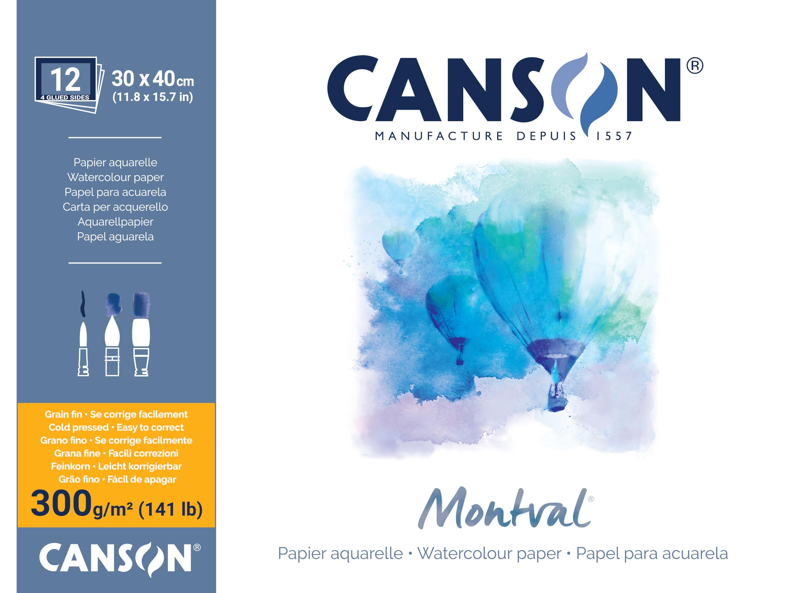 Canson Montval 300gsm watercolour practice paper Block including 12 sheets, size: 30X40cm, natural white and Cold Pressed (Not) textured paper