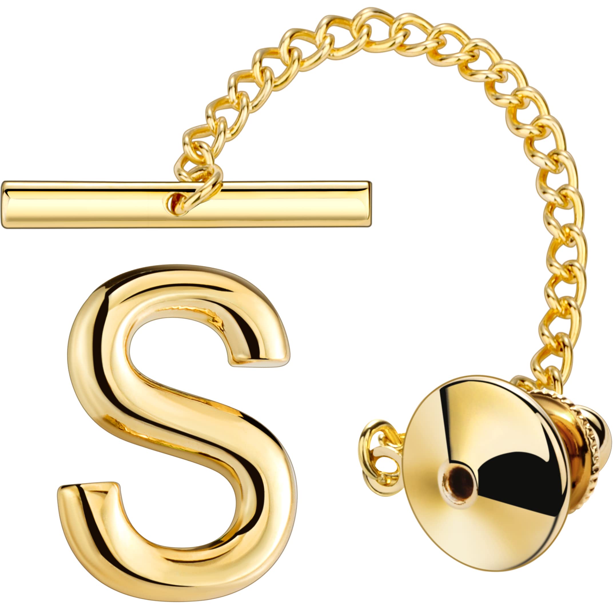 AMITER Men Tie Tack Initial Gold/Silver Tie Pin with Chain Clips for Necktie, Bow Tie & Hat, Brass, letter