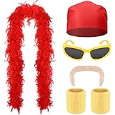 5 Pcs Halloween Wrestler Costume Include Red Feather Boa,Bandana,Moustache,Bracers and Sunglasses for Men Women Wrestler Cosplay
