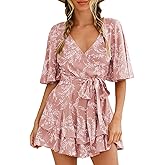 AIMCOO Womens Summer Short Flared Sleeve Romper V Neck Floral Print Jumpsuit Waist Tie Layer Ruffle Hem Dress Look Rompers