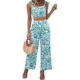 Floerns Women's 2 Piece Summer Outfit Floral Print Knot Shoulder Zip Back Crop Cami Top and Maxi Pants Set