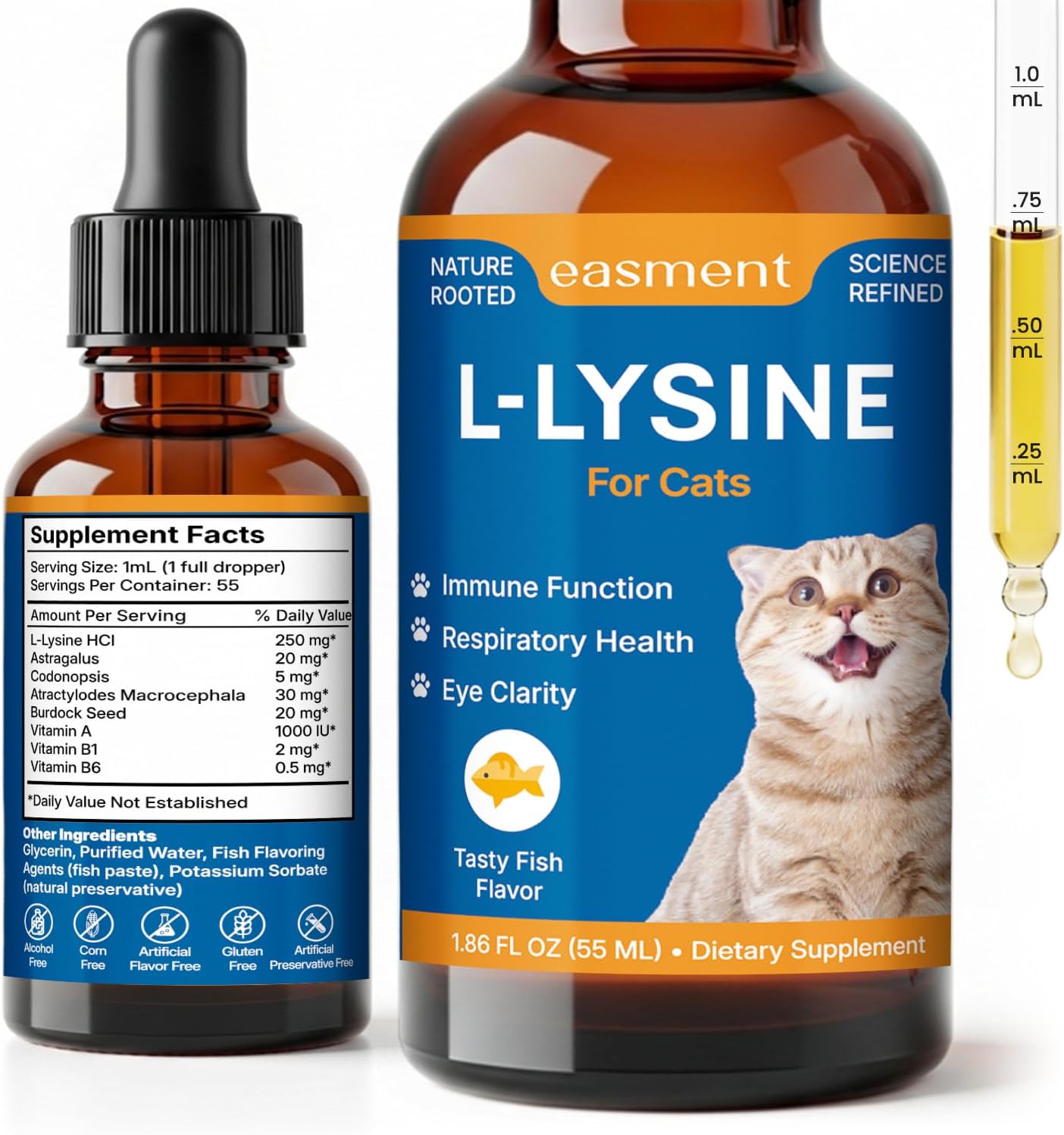 L-Lysine for Cats Liquid Drops Fish Flavor: Immune Support & Respiratory Wellness, Eye & Nose Comfort Pour Chat– Easy-to-Give Cat Lysine Supplement with Botanical Blend + Vitamins A, B1 & B6, 55mL